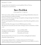 Avis de décès Ines Zwahlen, Küsnacht