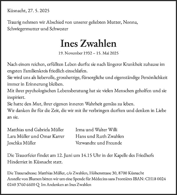 Obituary Ines Zwahlen, Küsnacht