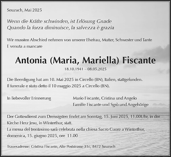 Avis de décès de Antonia (Maria, Mariella) Fiscante