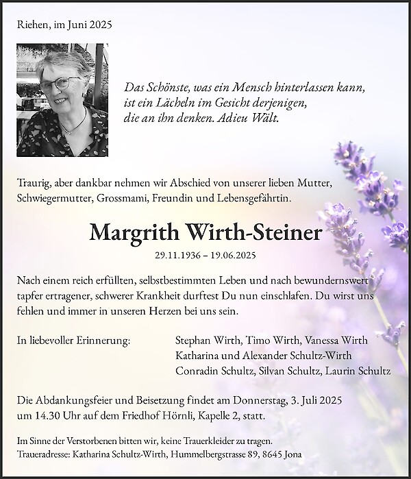 Necrologio Margrith Wirth-Steiner