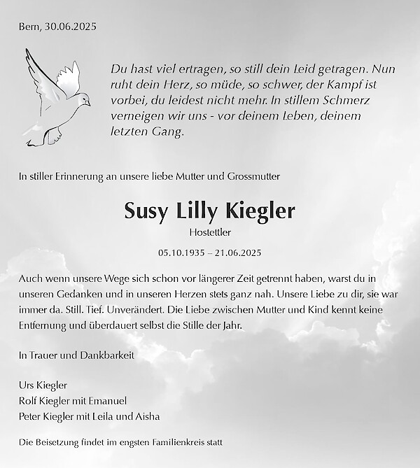 Todesanzeige von Susy Lilly Kiegler, Bern