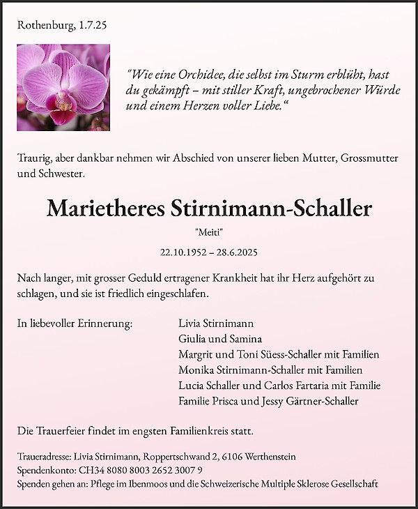 Necrologio Marietheres Stirnimann-Schaller, Rothenburg
