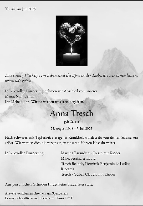 Obituary Anna Tresch, Thusis