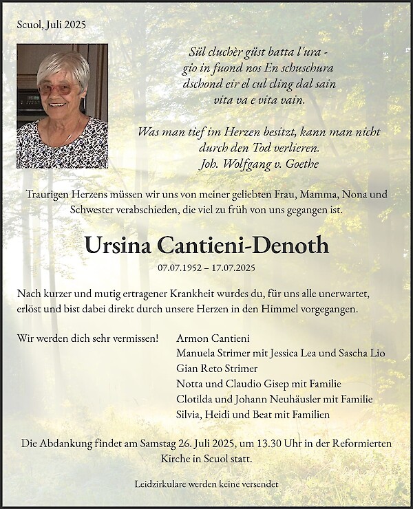 Todesanzeige von Ursina Cantieni-Denoth