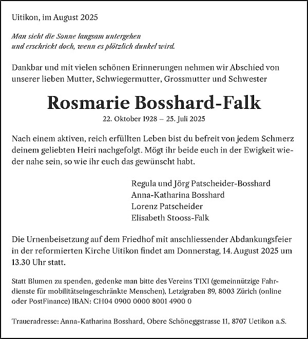 Necrologio Rosmarie Bosshard-Falk