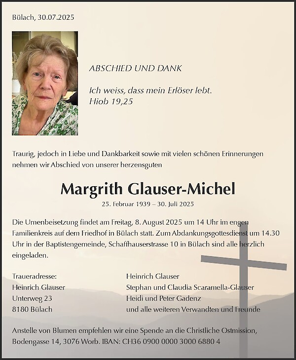 Avis de décès de Margrith Glauser-Michel