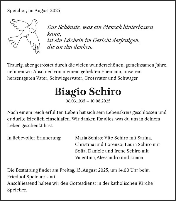 Necrologio Biagio Schiro, Speicher