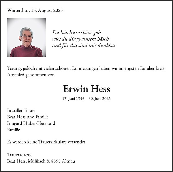 Necrologio Erwin Hess, Winterthur