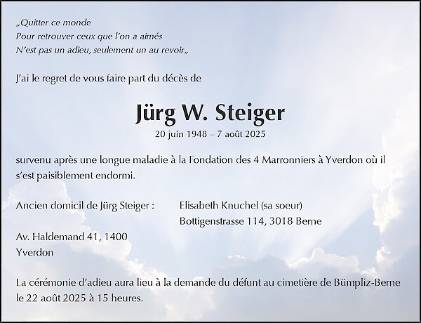 Todesanzeige von Jürg W. Steiger, Yverdon-les-Bains