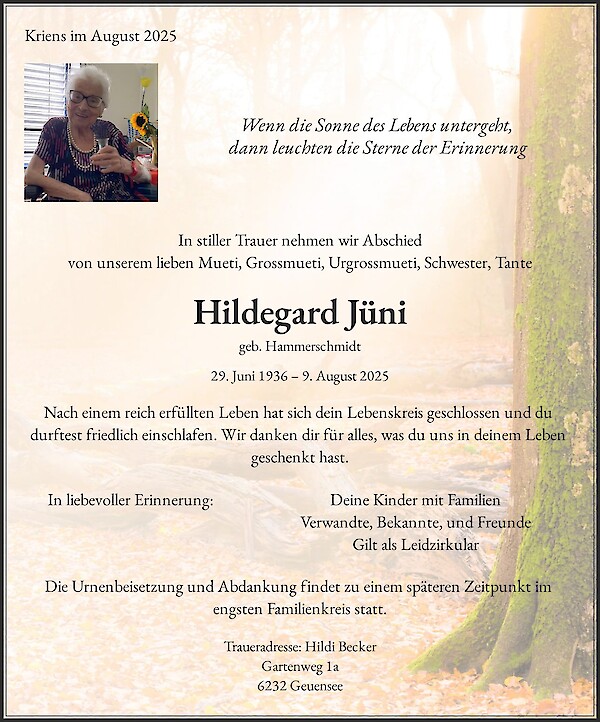 Necrologio Hildegard Jüni, Kriens