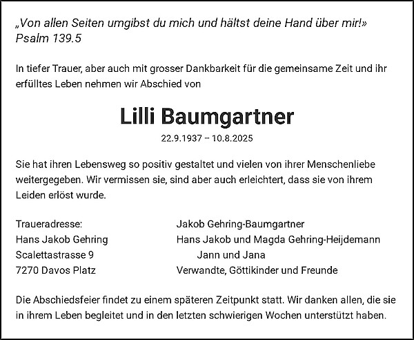 Avis de décès de Lilli Baumgartner