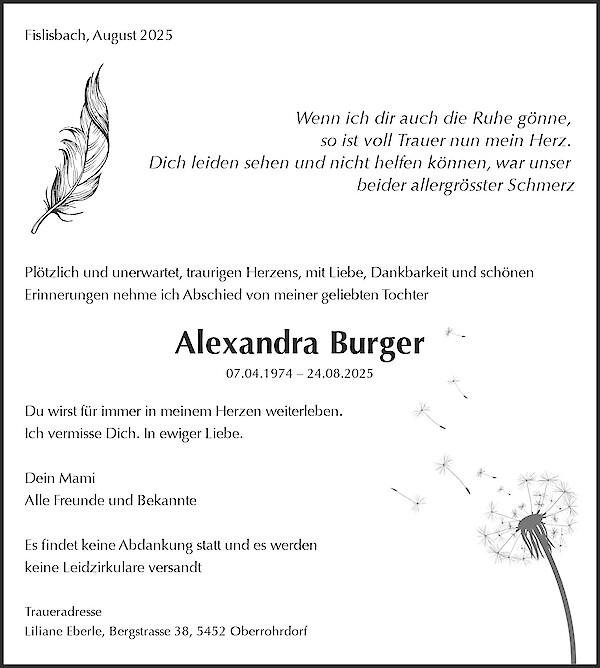 Avis de décès de Alexandra Burger, Fislisbach