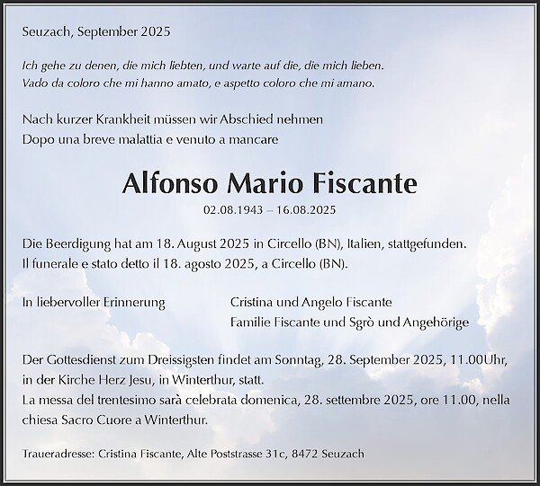 Todesanzeige von Alfonso Mario Fiscante