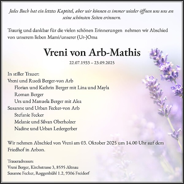 Obituary Vreni von Arb-Mathis, Arbon