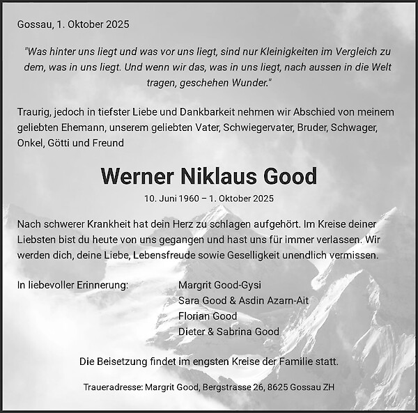 Todesanzeige von Werner Niklaus Good, Gossau ZH