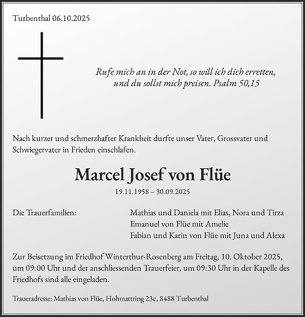 Necrologio Marcel Josef von Flüe