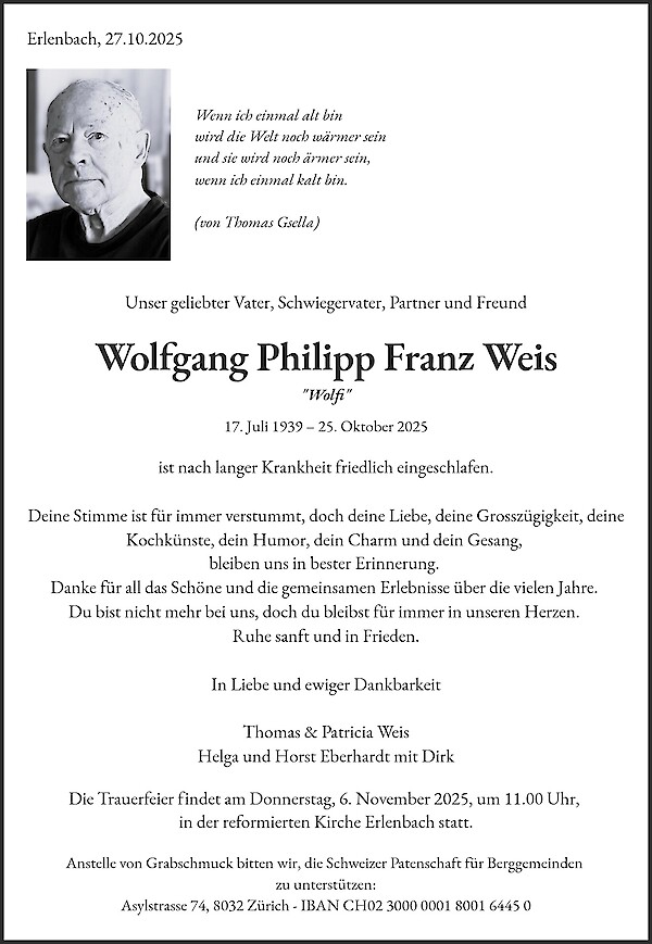 Avis de décès de Wolfgang Philipp Franz Weis