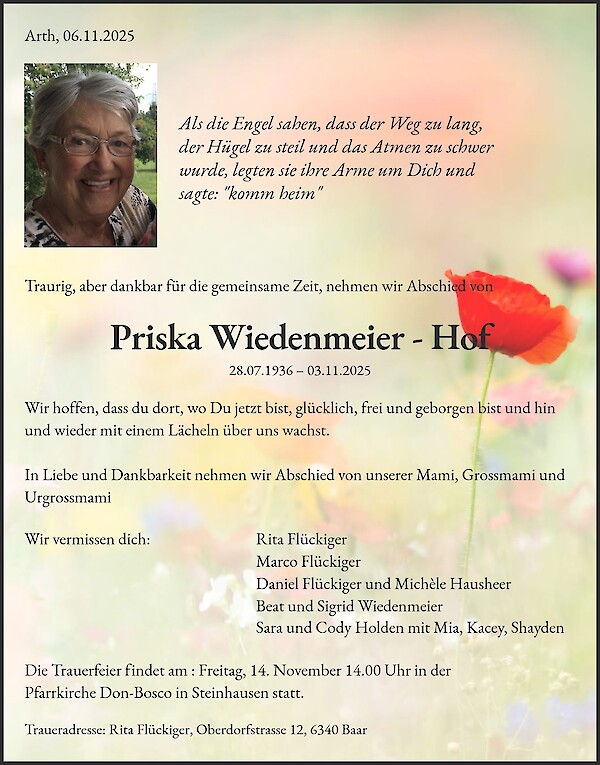 Necrologio da Priska Wiedenmeier - Hof