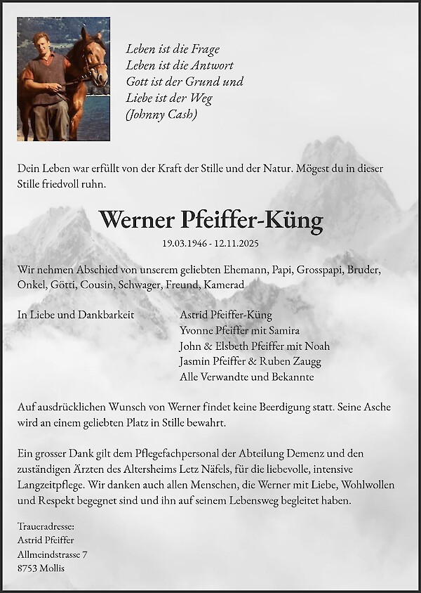 Avis de décès de Werner Pfeiffer - Küng, Näfels