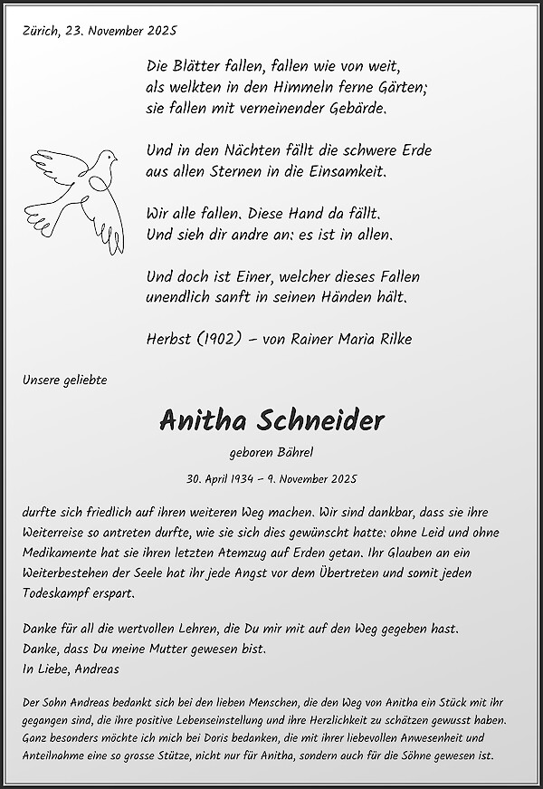 Note of Thanks of Anitha Schneider, Lugano