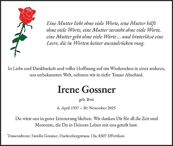 Obituary of Irene Gossner, Effretikon