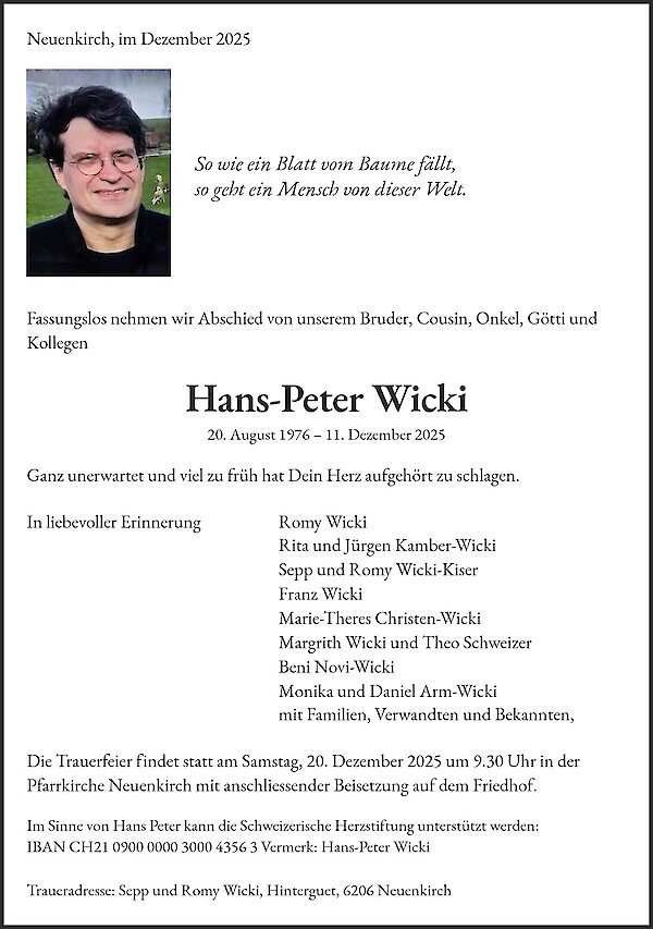Obituary of Hans-Peter Wicki