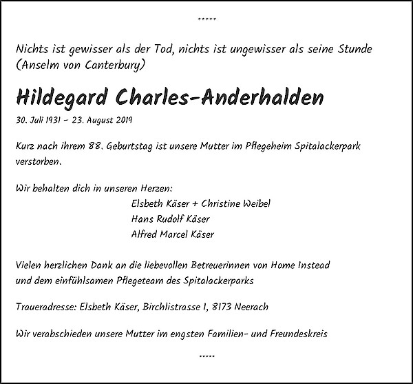 Avis de décès de Hildegard Charles-Anderhalden, Bern