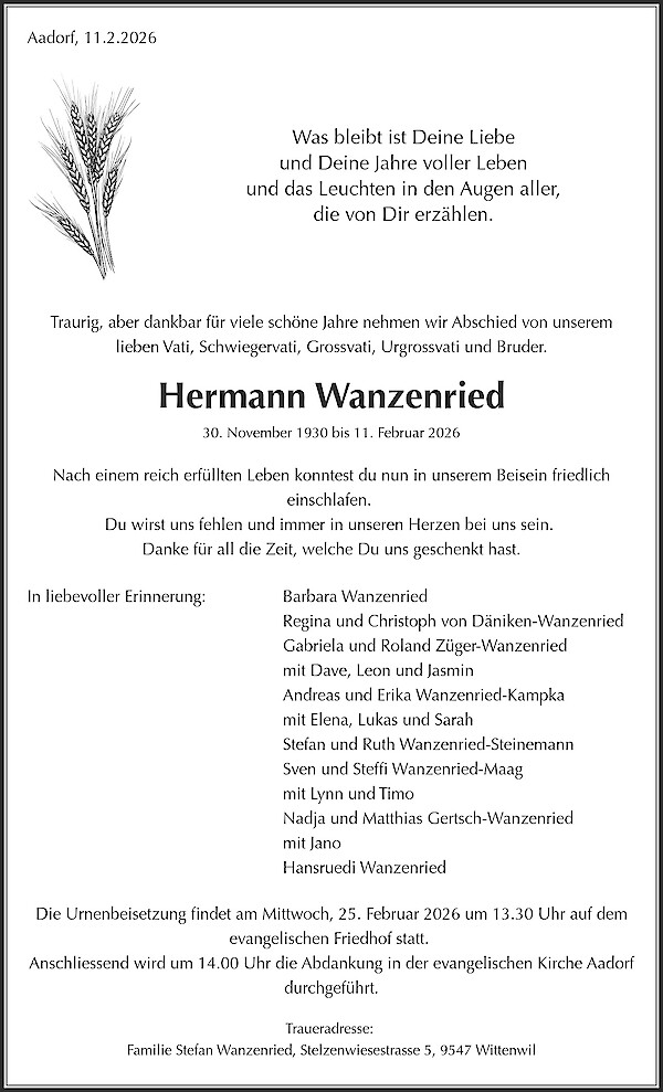 Todesanzeige von Hermann Wanzenried