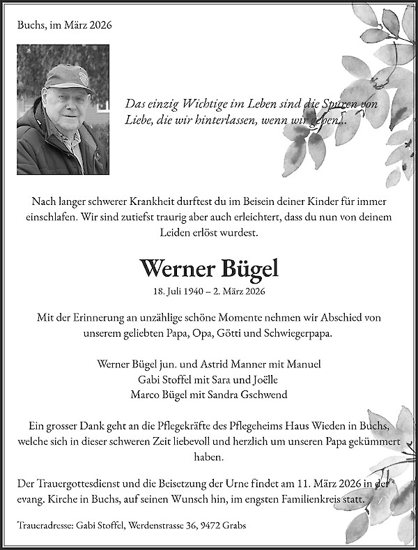 Necrologio da Werner B&uuml;gel, Buchs