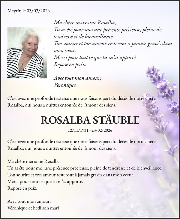 Necrologio da ROSALBA STÄUBLE, Meyrin