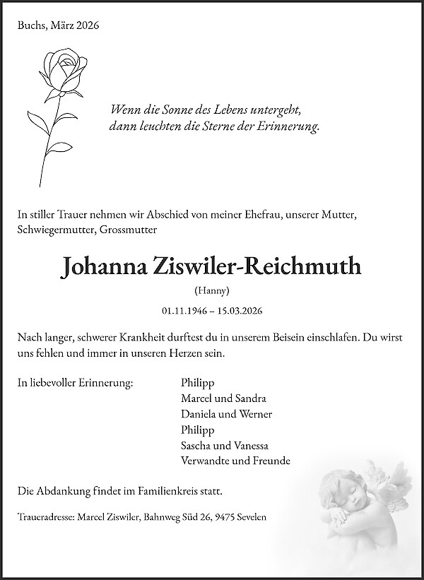 Avis de d&eacute;c&egrave;s de Johanna Ziswiler-Reichmuth, Buchs