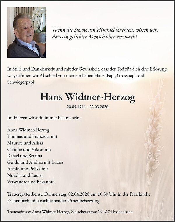 Avis de d&eacute;c&egrave;s de Hans Widmer-Herzog