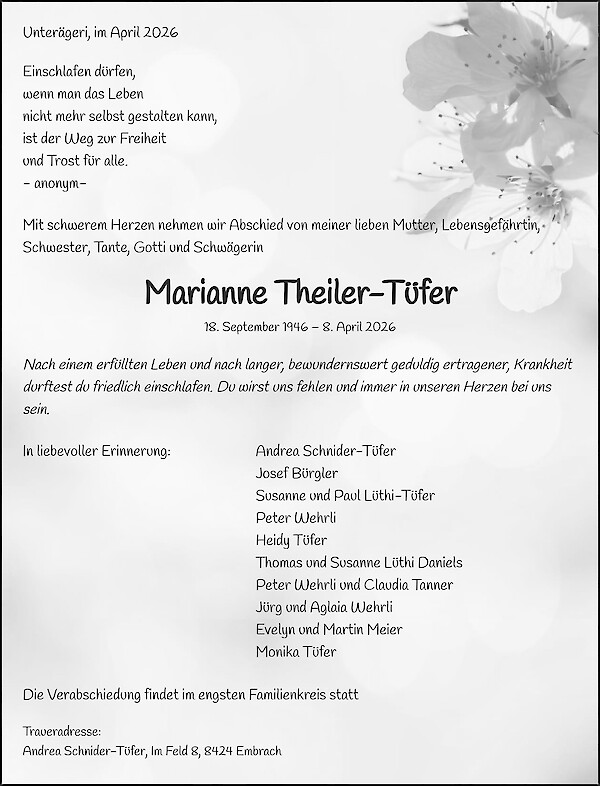 Avis de d&eacute;c&egrave;s de Marianne Theiler-T&uuml;fer