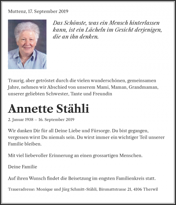 Avis de décès de Annette Stähli, Muttenz