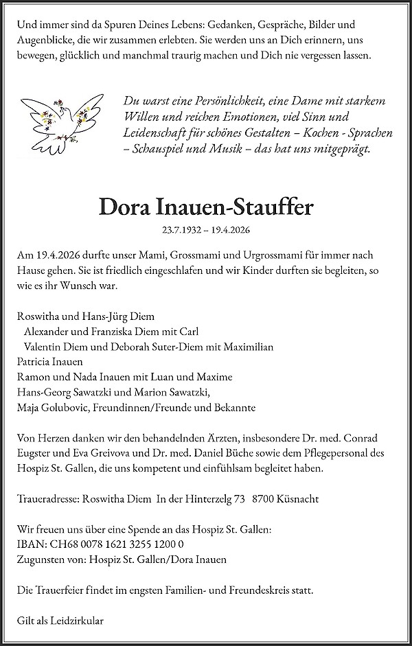 Obituary of Dora Inauen-Stauffer