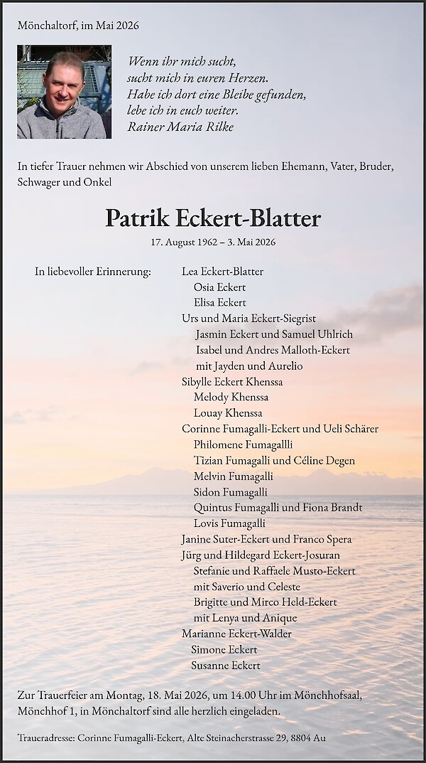 Avis de d&eacute;c&egrave;s de Patrik Eckert-Blatter, M&ouml;nchaltorf