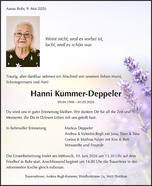 Todesanzeige von Hanni Kummer-Deppeler