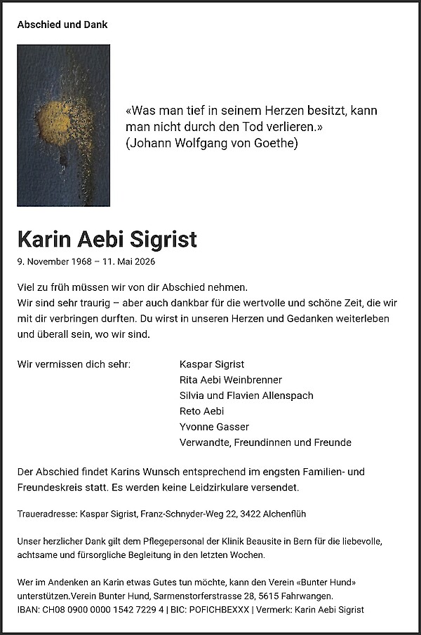 Avis de d&eacute;c&egrave;s de Karin Aebi Sigrist