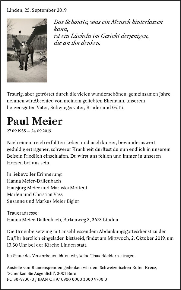 Avis de décès de Paul Meier, Linden