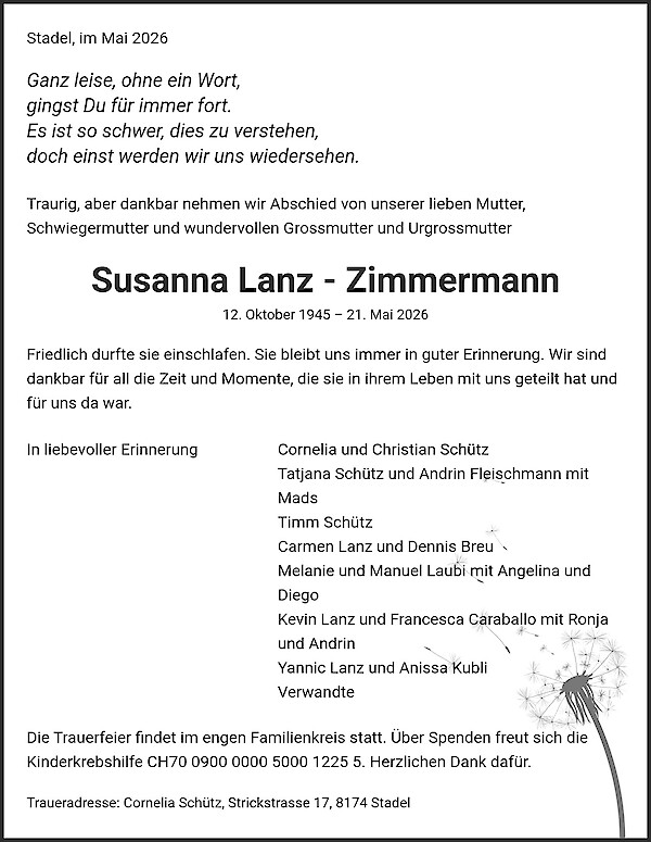 Todesanzeige von Susanna Lanz - Zimmermann