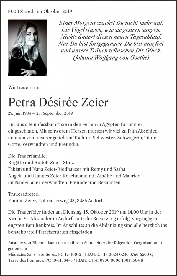 Avis de décès de Petra Désirée Zeier, Zürich