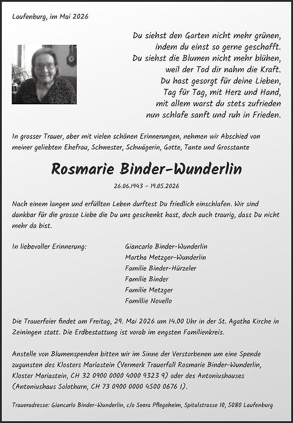 Todesanzeige von Rosmarie Binder-Wunderlin