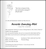 Todesanzeige Anner&ouml;s Zumsteg-M&uuml;ri, Nussbaumen