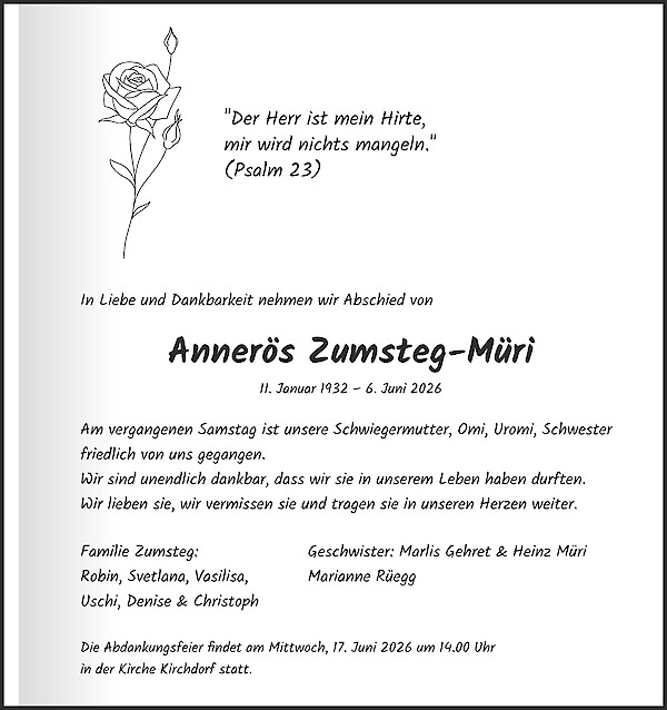 Obituary of Anner&ouml;s Zumsteg-M&uuml;ri, Nussbaumen
