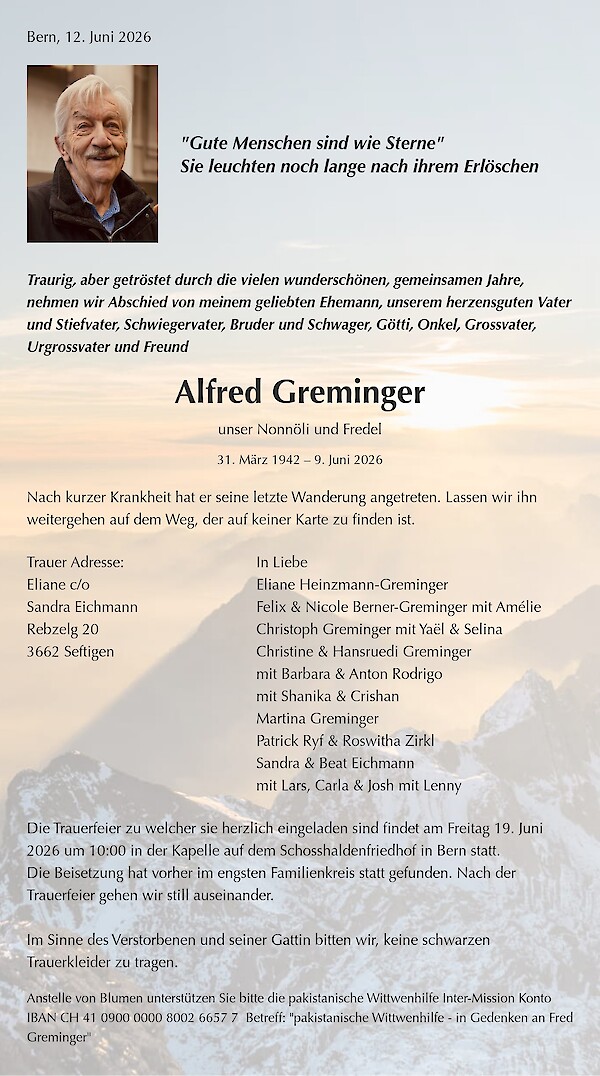 Todesanzeige von Alfred Greminger, Bern