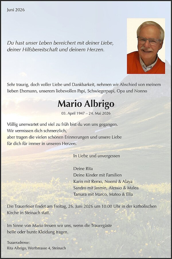 Todesanzeige von Mario Albrigo, Steinach