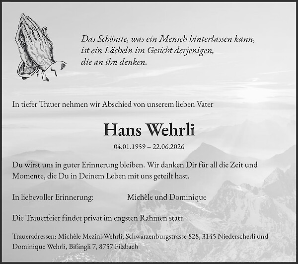 Todesanzeige von Hans Wehrli