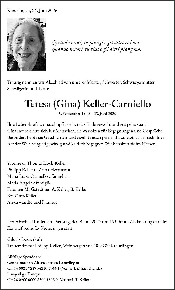 Todesanzeige von Teresa (Gina) Keller-Carniello