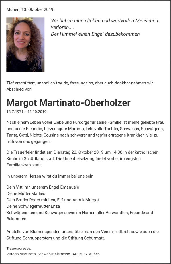 Avis de décès de Margot Martinato-Oberholzer, Muhen
