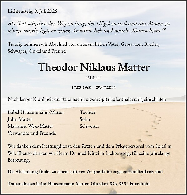 Todesanzeige von Theodor Niklaus Matter